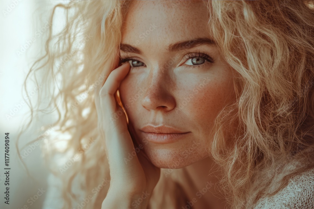 A potrait of beautiful well-groomed middle aged woman touching her face A potrait of beautiful well-groomed middle aged woman touching her face