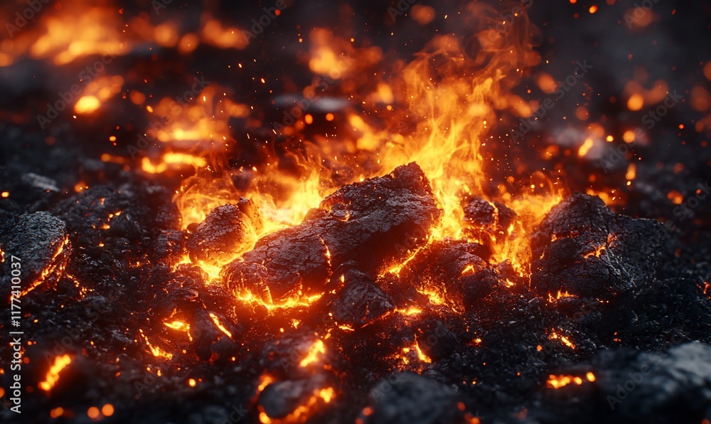 Fiery lava flow, volcanic eruption, fiery rocks, intense heat, dramatic scene, close-up view, possible use as stock photo Fiery lava flow, volcanic eruption, fiery rocks, intense heat, dramatic scene, close-up view, possible use as stock photo