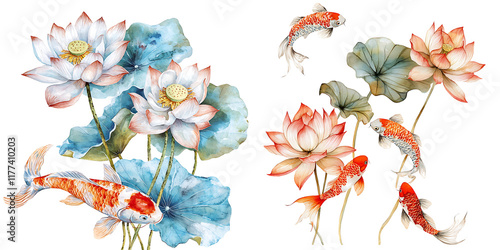 Vibrant koi fish swimming among lotus flowers serene pond watercolor art nature aerial view tranquility photo