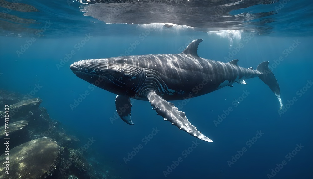 Fototapeta premium Humpback whale swimming underwater, sea animal photography, underwater oceanic view