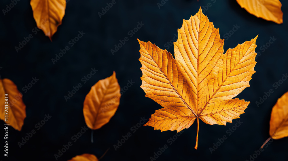 Fototapeta premium Vibrant autumn leaves in shades of orange against dark background