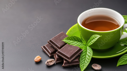 Delicious dark cho te squares with cup of tea and mint leaves