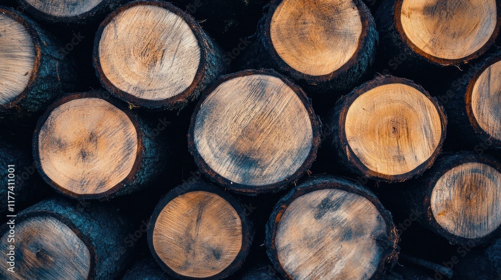 Stack of cut tree logs, showing end grain texture and dark background. Stack of cut tree logs, showing end grain texture and dark background.
