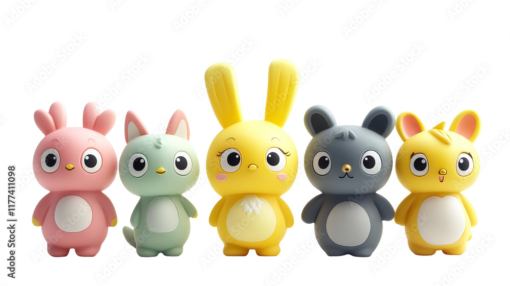 Naklejka premium cute animal figurines with exaggerated features, like big eyes and round bodies, isolated on a white background
