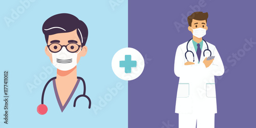 Smiling medical professionals, including physicians with stethoscopes, work in healthcare to provide patient care web icon 