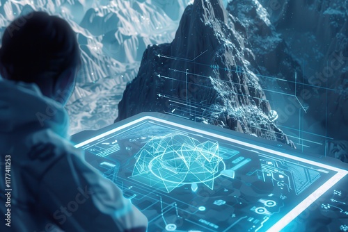 Futuristic Technology Interface with Mountainous Landscape