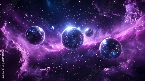 Surreal orbs glide through a vibrant space filled with glittering stars and a dreamlike nebula, creating an otherworldly, glowing celestial vision photo