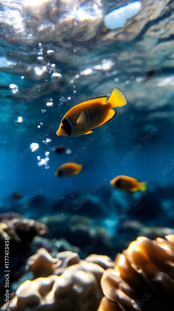 Fototapeta premium Colorful fish swimming in clear ocean water, surrounded by coral and bubbles, creating a serene underwater scene.