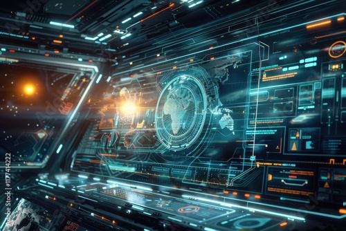 Futuristic Control Panel with Global Map and Data Displays