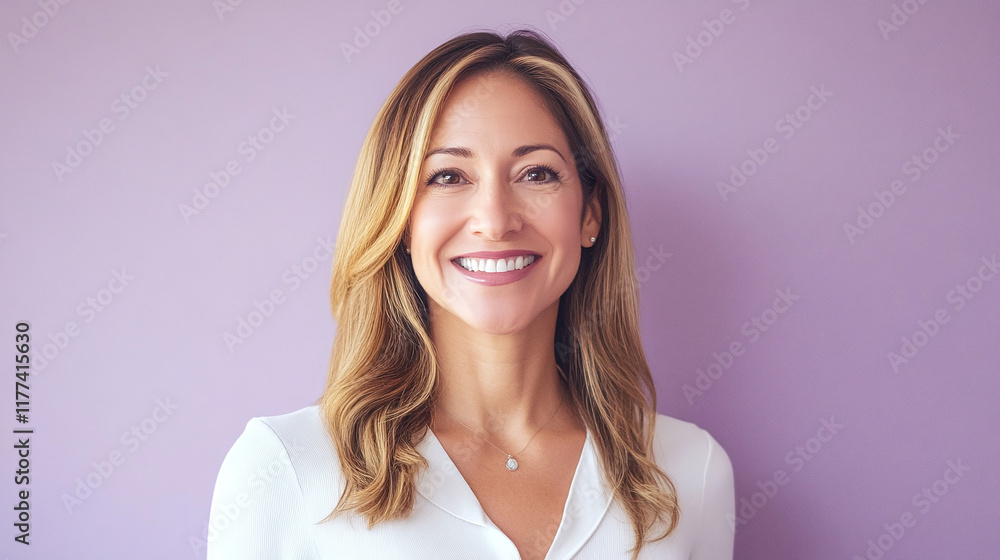 An approachable real estate agent with a smile, in front of a soft lavender background
