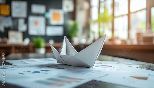 Business strategy concept, paper boat direction, goalsetting doodles, worktable background with business icons, planning for success