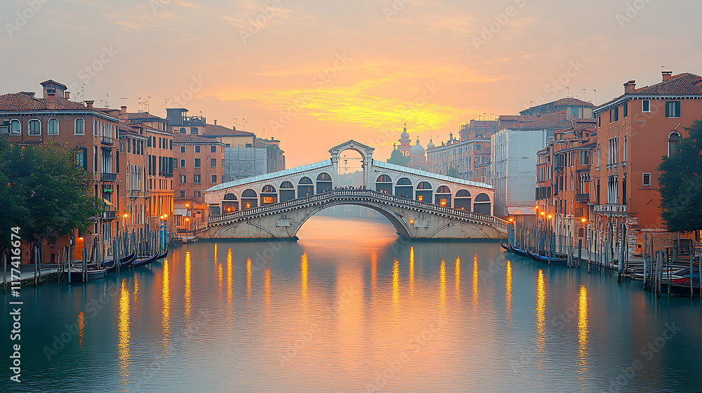 Sunrise over Rialto Bridge, Venice, with calm water reflecting the buildings and sky. Sunrise over Rialto Bridge, Venice, with calm water reflecting the buildings and sky.