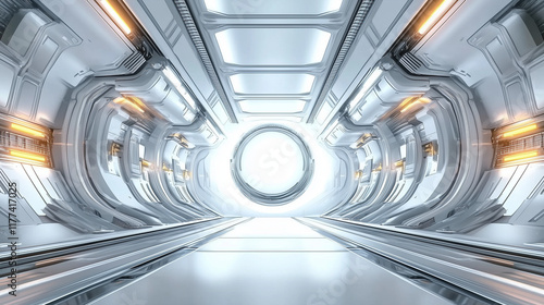  A Glimpse into a Futuristic Spacecraft Interior. Sleek, minimalist design with soft, glowing lights illuminates a narrow, endless passageway, evoking a sense of wonder and exploration. Perfect for sc