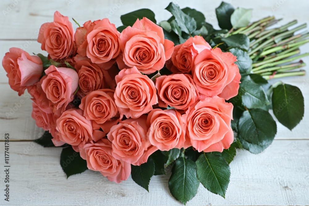 Elegant arrangement of fresh peach roses with green leaves on wooden background