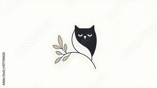 Serene owl perched on a branch with minimalist foliage; calming, elegant design perfect for branding, logos, or home decor. photo