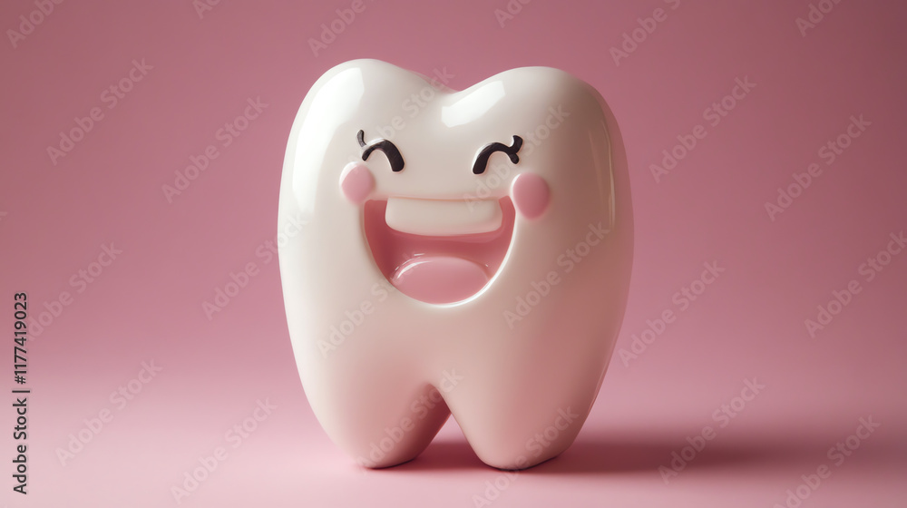 Happy tooth character with rosy cheeks on pink background, dental wellness concept Happy tooth character with rosy cheeks on pink background, dental wellness concept
