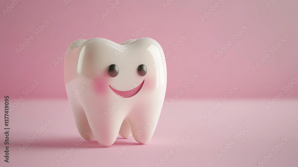 Gentle smiling tooth character on pink background, dental care concept Gentle smiling tooth character on pink background, dental care concept
