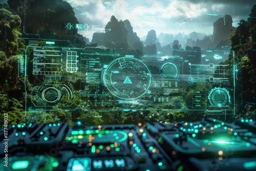 Futuristic Interface Displaying a Mountainous Landscape
