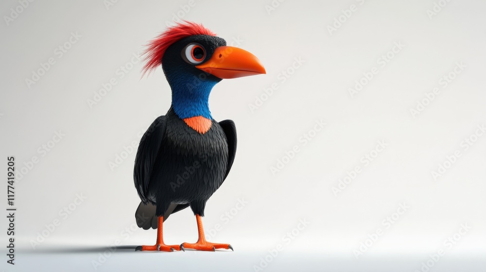 Naklejka premium Cartoon bird with black feathers, red head and orange beak on a white background