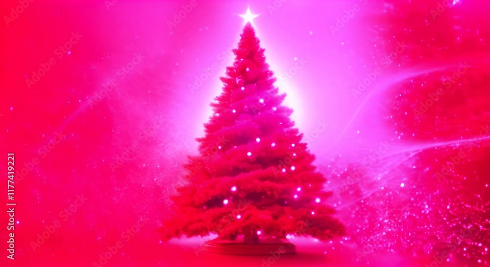 Christmas tree forming from swirling light particles on a red background 4K Christmas tree forming from swirling light particles on a red background 4K
