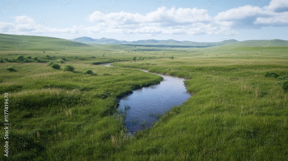 Serene landscape with a winding river through lush green fields. Serene landscape with a winding river through lush green fields.