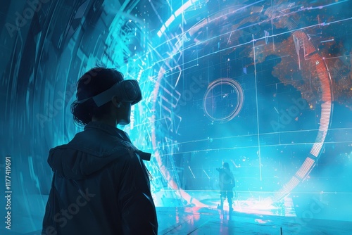 Woman in VR Headset Gazing at Futuristic Interface