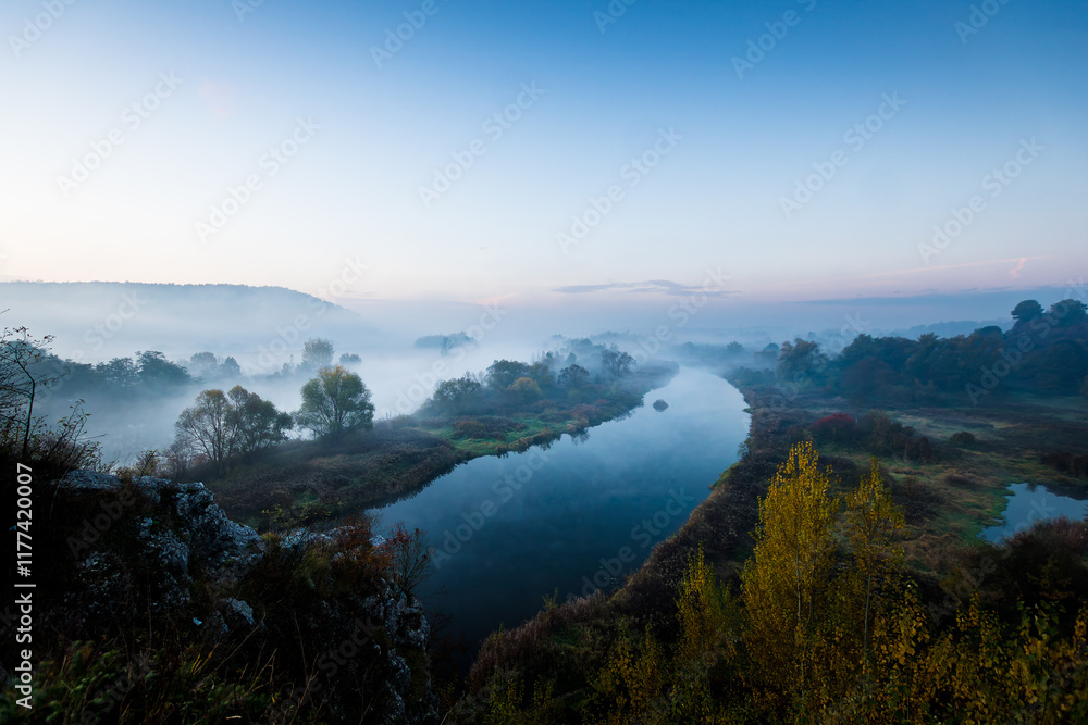 Vistula river near Krakow in Poland at the morning in the fog Vistula river near Krakow in Poland at the morning in the fog