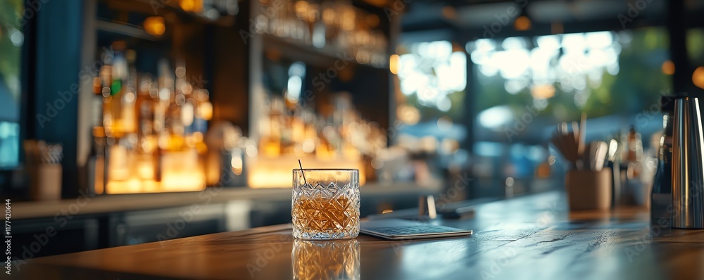 Sleek laptop on counter bar, modern design, blurred cafe ambiance, restaurant setting, stylish digital workspace, creative environment Sleek laptop on counter bar, modern design, blurred cafe ambiance, restaurant setting, stylish digital workspace, creative environment