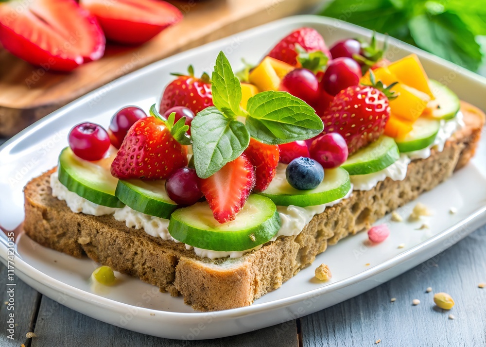 Vibrant open faced sandwich with fresh fruits and vegetables on multigrain bread – a Healthy and colorful culinary delight. Vibrant open faced sandwich with fresh fruits and vegetables on multigrain bread – a Healthy and colorful culinary delight.