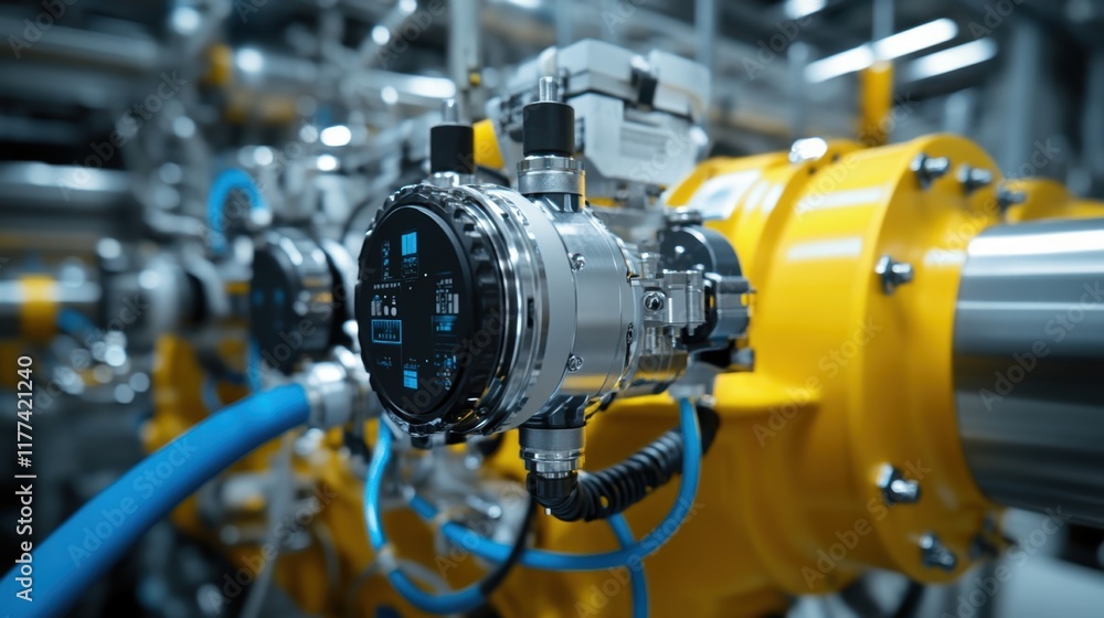 Fototapeta premium Complex machinery with digital displays and intricate wiring operates within an industrial factory, showcasing advanced technology and automation