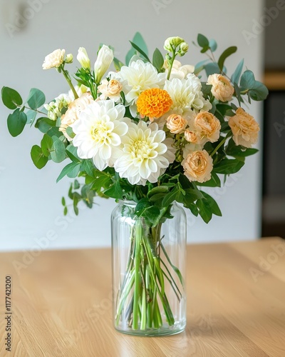 Wallpaper Mural An elegant bouquet of flowers in a glass vase, placed on a wooden dining table Torontodigital.ca