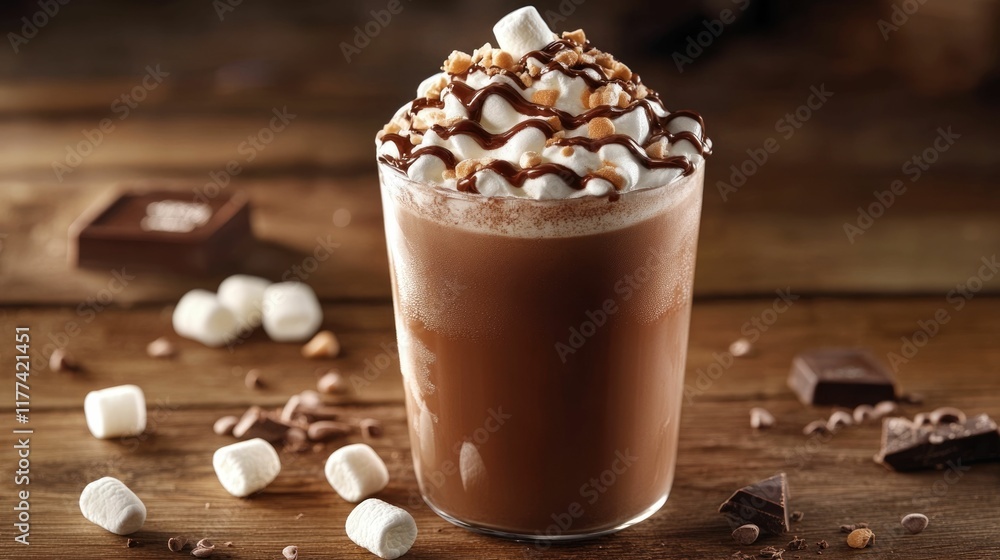 Relaxing Moment with Chocolatey Marshmallow Topped Hot Cocoa Delight on Rustic Wooden Table Comforting and Indulgent Winter Beverage Treat Relaxing Moment with Chocolatey Marshmallow Topped Hot Cocoa Delight on Rustic Wooden Table Comforting and Indulgent Winter Beverage Treat