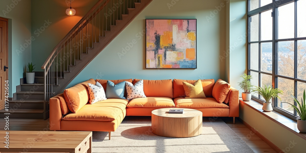 Obraz premium cozy colorful living room with stairs