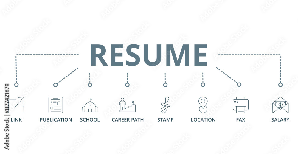 Resume concept banner with icon of link, publication, school, career path, stamp, location, fax, and salary Resume concept banner with icon of link, publication, school, career path, stamp, location, fax, and salary