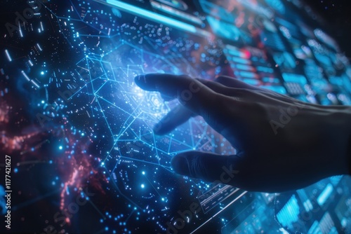 Hand Interacting with a Blue and Red Digital Network Display
