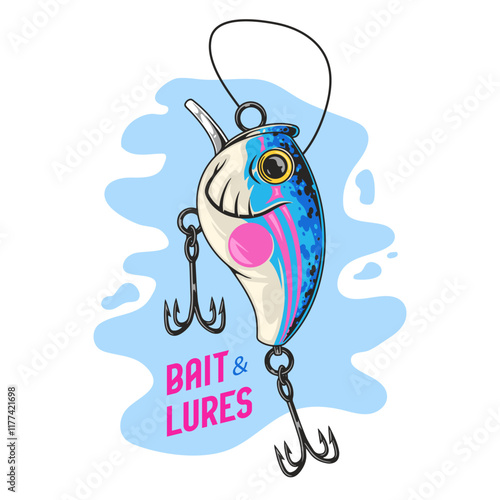 Colorful fishing lure with hooks displayed