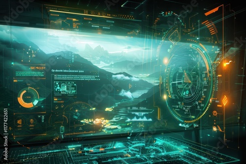 Obraz na płótnie Futuristic Control Panel with Mountain Landscape Display