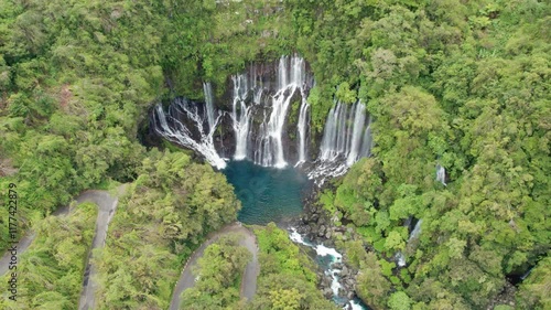 Aerial view on the Cascade Grand Galet and the Langevin basin of La Reunion island photo