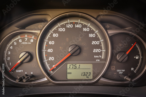 Tableau sur toile Close up of a car's instrument panel showing speed RPM and odometer readings