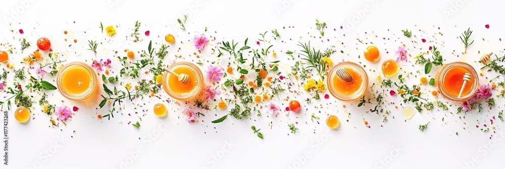 Obraz premium Colorful Drinks Surrounded by Fresh Ingredients and Vibrant Flowers on White Background