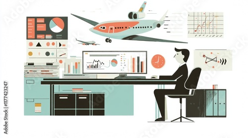 A desk setup shows a transportation manager analyzing transport costs, with space for branding photo