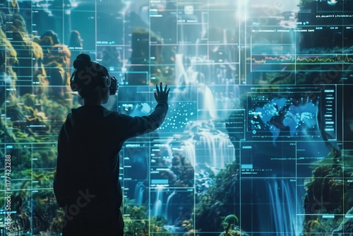 Person Wearing VR Headset Interacting with Digital Display