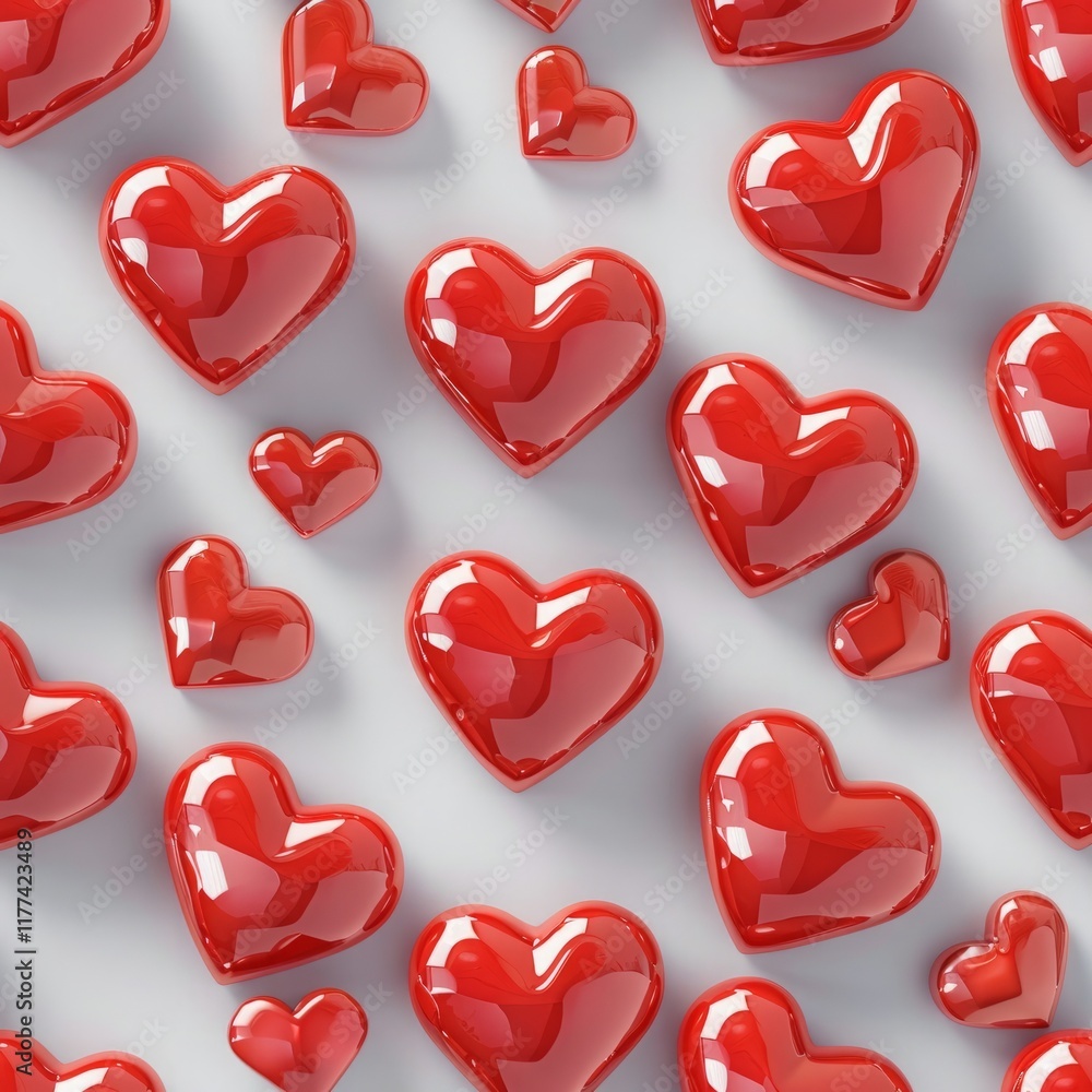 Fototapeta premium Top view seamless pattern with red hearts on white background