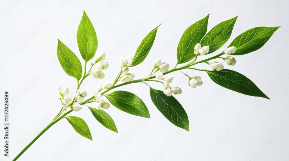 Obraz premium A branch with green leaves and white buds