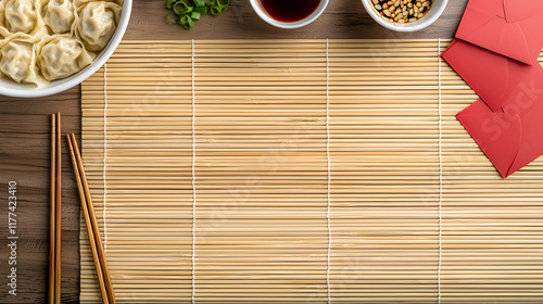 top view of bamboo mat featuring dumplings, chopsticks, and condiments, creating delightful dining experience. Perfect for food lovers and culinary enthusiasts photo