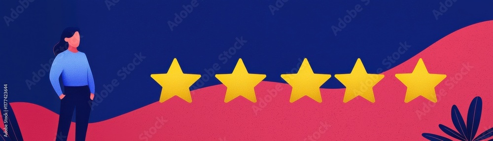 Fototapeta premium A person stands beside five golden stars on a vibrant background, symbolizing high ratings or excellent reviews.
