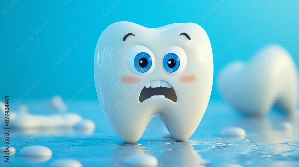 Fototapeta premium Worried tooth character with teary eyes, dental anxiety concept