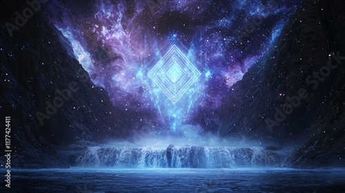 Aquarius Zodiac Sign Concept: Infinite Waterfall in Space with Cosmic Wonder Glint photo