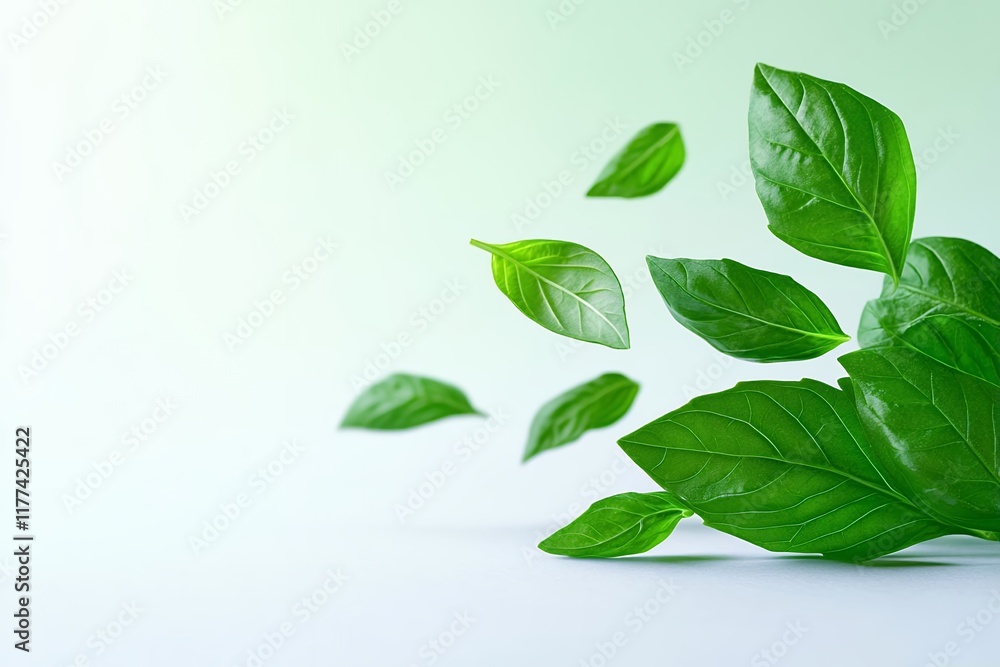Fototapeta premium Fresh Green Basil Leaves Falling on Light Background