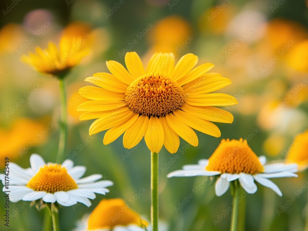 Bright Yellow Daisy Flower Surrounded by White Daisies in a Colorful Garden Setting Bright Yellow Daisy Flower Surrounded by White Daisies in a Colorful Garden Setting